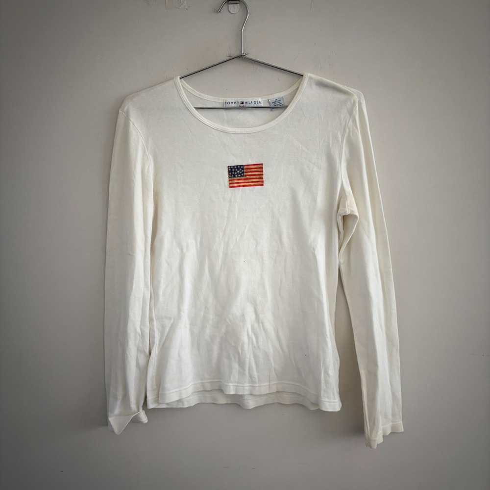 Tommy Hilfiger Jeans Vintage 90s American Flag Long Sleeve Shirt White Medium